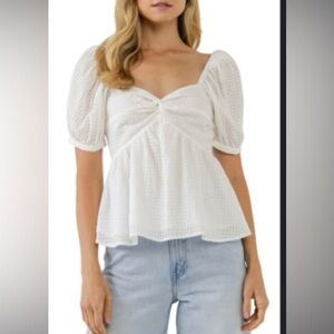 English Factory, check puff sleeve top, size xs, new, white